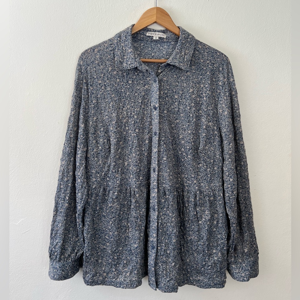 1X Frye And Co Botanical Print Collared Button Down Pleated Flowy Blouse Top